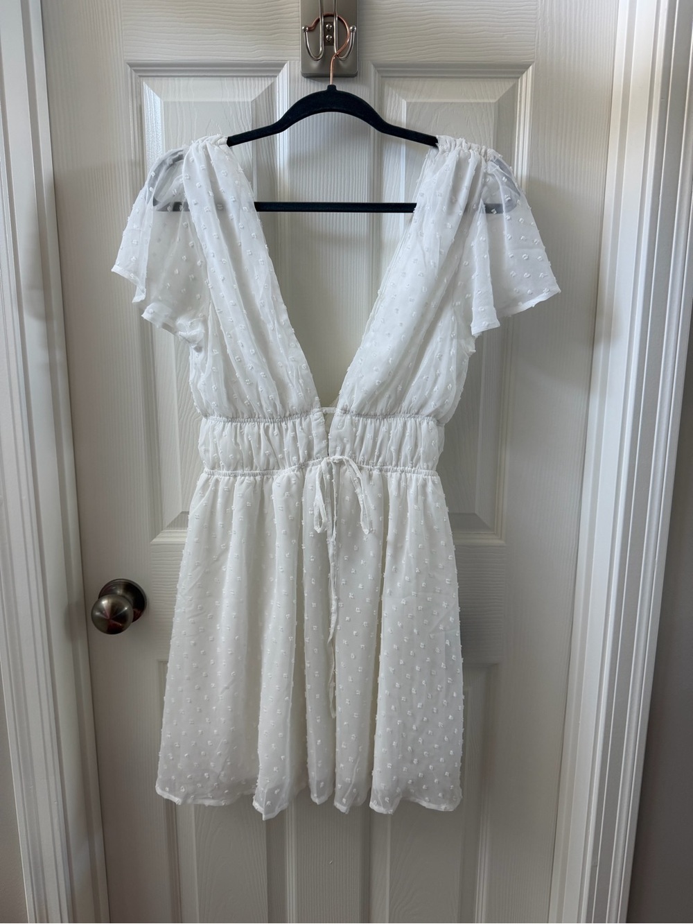 Lulu's White Swiss Dot Deep V Romper